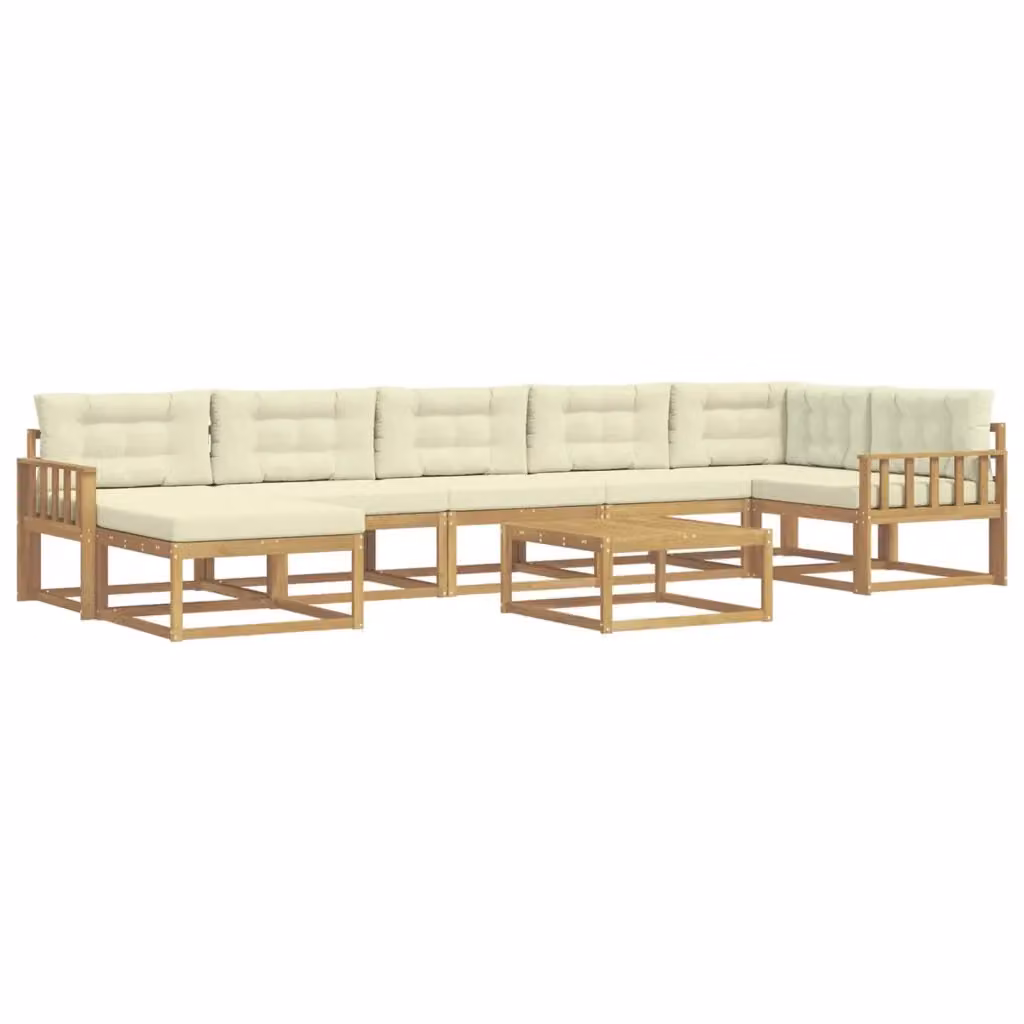 Set di divani da esterno vidaXL a forma di L con tavolino e pouf, struttura in legno di acacia e cuscini bianchi e beige – 2