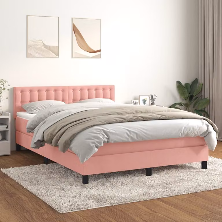 The Living Store Letto a molle con materasso Rosa 140x190 cm Velluto