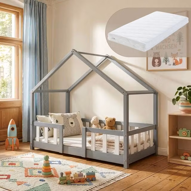 Letto per Cameretta Treviolo a Forma di Casetta in Stile Montessori con Materasso 70x140 cm - Grigio Chiaro/Bianco [en.casa]