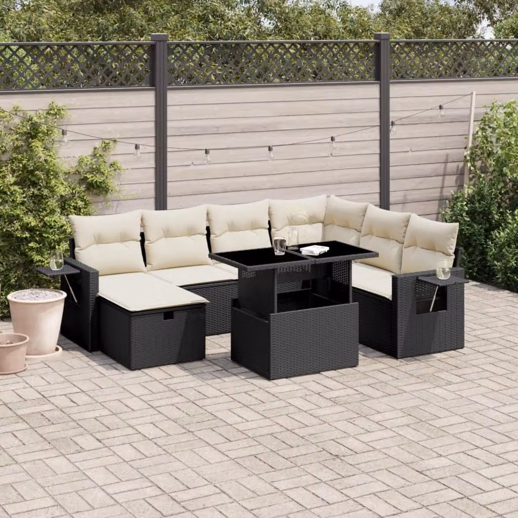 Set Divani da Giardino a L vidaXL con Cuscini 8 pz Nero e Bianco in Polyrattan e Metallo – 1