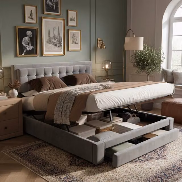 Letto imbottito contenitore in velluto con cassetti; 180x200 cm; grigio
