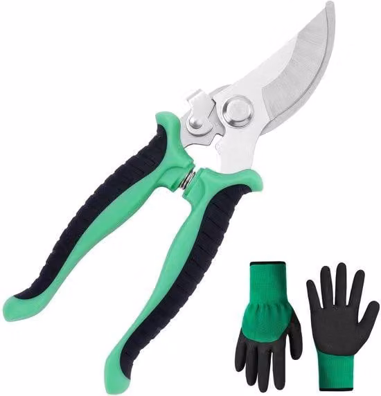 Set di forbici da giardino Unyqoos® con lama in acciaio inossidabile 2CR13 – taglio fino a 2 cm, impugnatura ergonomica e meccanismo a molla, sistema di blocco e guanti da giardinaggio verdi