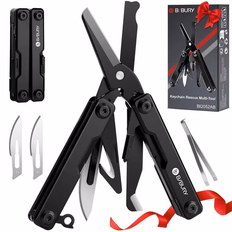 Multitool 8-in-1 in acciaio inossidabile, colore nero, con rompi vetro e taglia cinture