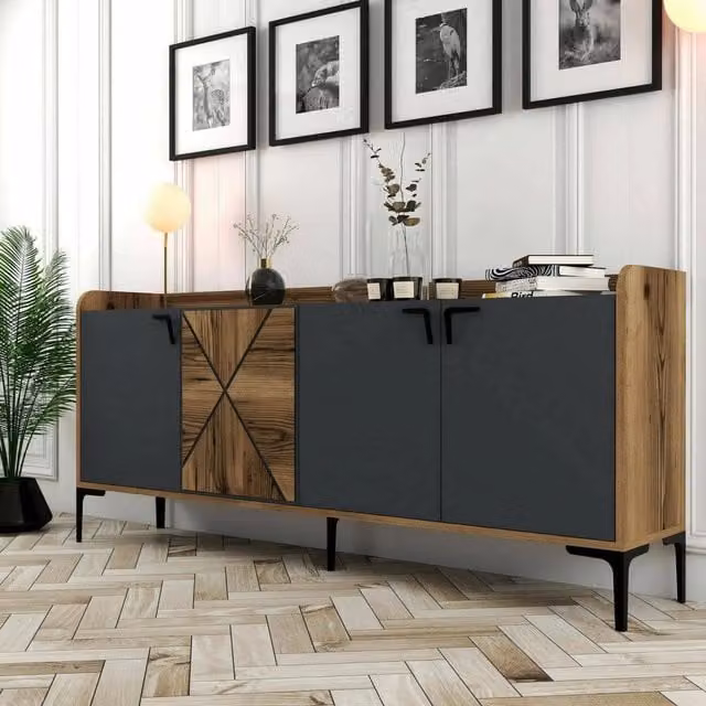 Credenza da soggiorno Also DMORA in legno e metallo, colore Noce e Antracite, L: 180 cm, P: 35 cm, H: 78 cm