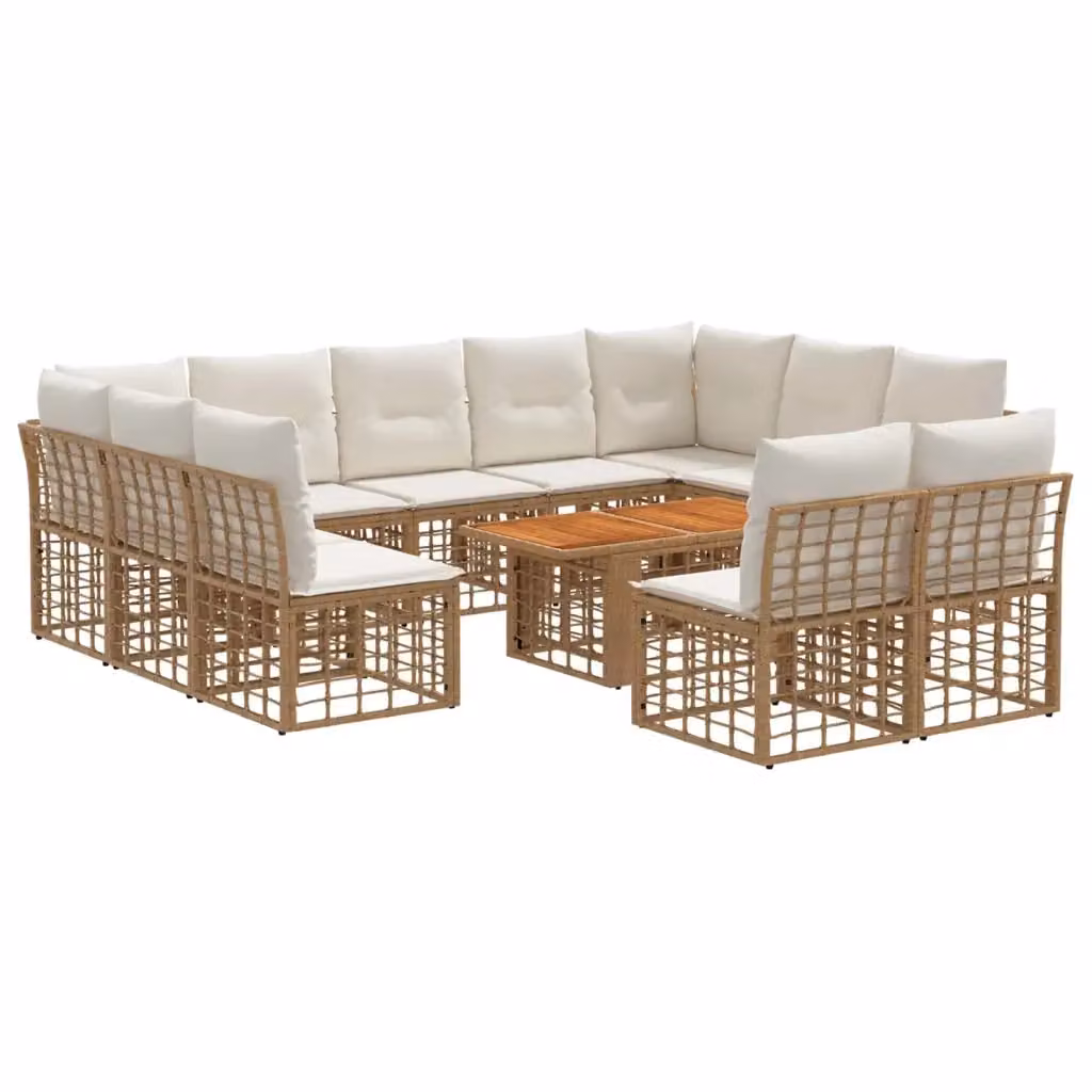 Set Divano da Giardino L-Shape vidaXL in Polyrattan con Cuscini Beige e Bianco e Tavolino, 12 Pezzi – 2