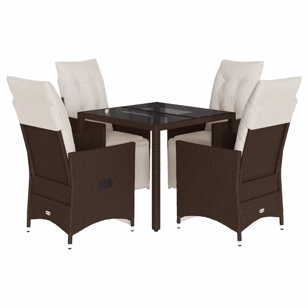 Set Bistrò da Giardino e Balcone vidaXL 5 pz in Polyrattan Marrone con Cuscini Bianchi e Tavolo in Vetro – 2