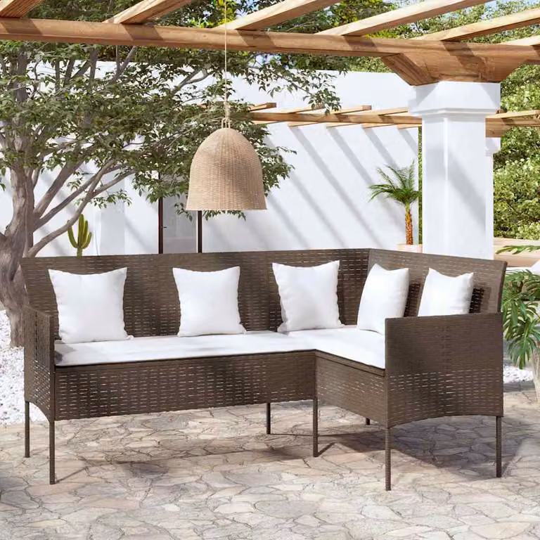 vidaXL Divano da giardino a forma di L con cuscini, struttura in metallo e rattan, marrone e bianco