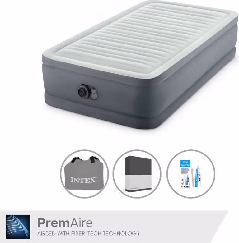 Intex Airbed - 1 persona - 99 x 191 x 46 cm - Grigio - Con pompa elettrica, lenzuolo nero e kit di riparazione