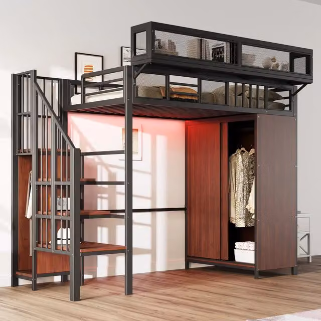 Letto a soppalco singolo OKWISH nero con armadio, scala contenitore, illuminazione LED e ripiani, L/P/H: 200 x 90 x 189,5 cm