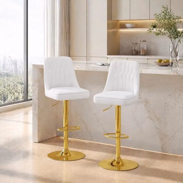 Set 2 sgabelli da bar regolabili e girevoli 360° in PU bianco e metallo dorato HAVRYA
