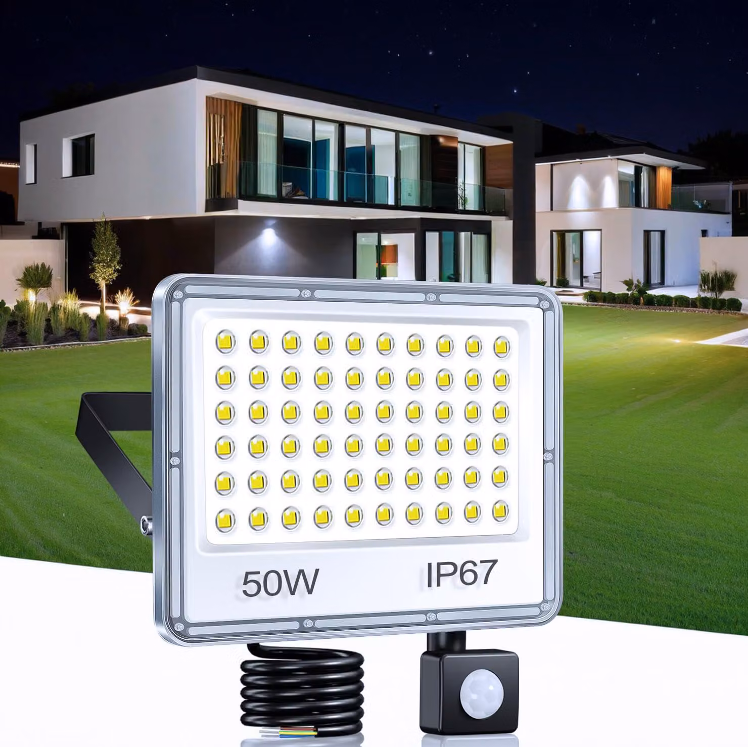 Fareto a LED con sensore di movimento, 50 W, 5000 lumen, 6500 K, grado di protezione IP67