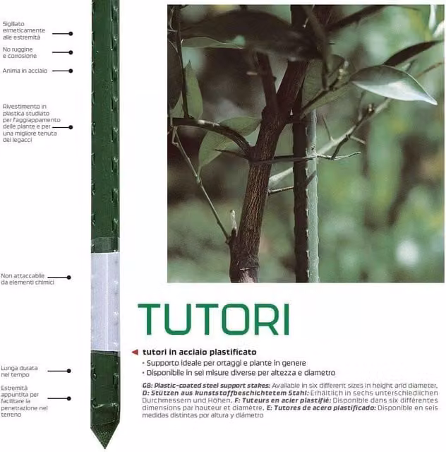 Tutori per piante Verdemax in acciaio plastificato verdi, confezione da 25 pezzi, H: 240 cm, Diametro: 20 mm