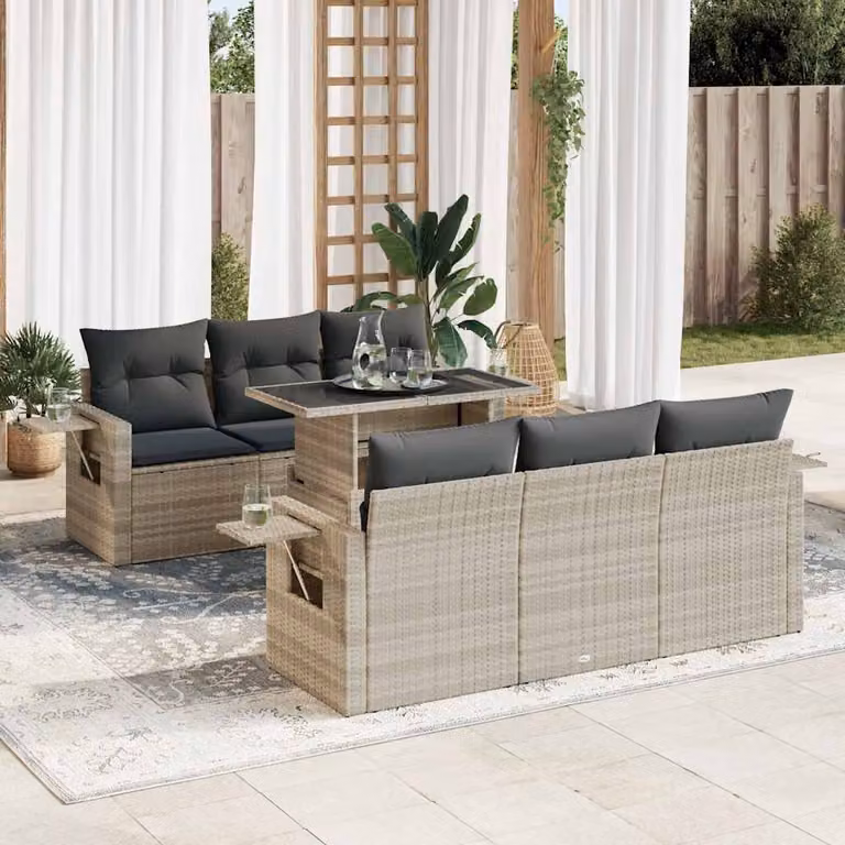 Set Divani da Giardino vidaXL 7 Pezzi a Forma di U con Cuscini Grigio Chiaro in Polyrattan e Metallo