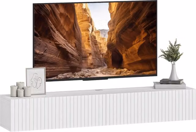 Mobile TV Sospeso da Parete 140cm per TV fino a 72 Pollici, 2 Ante a Ribalta, Salvaspazio Moderno per Soggiorno, 140x25x22cm, Bianco