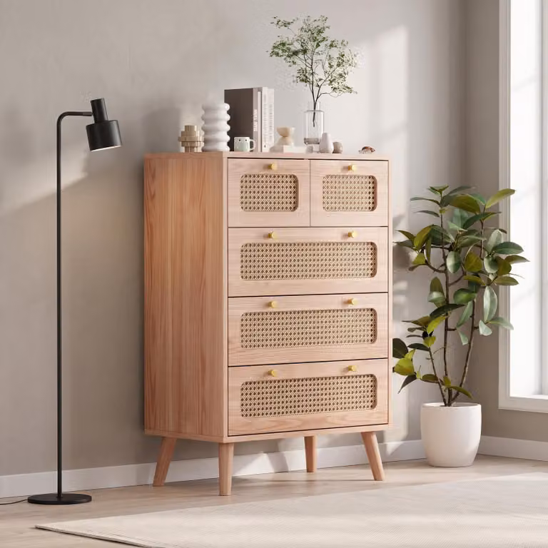 Comodino INONEFT con 5 cassetti, mobiletto da salotto in rattan, tavolino laterale con maniglie in metallo, mobiletto in stile boho per ingresso, camera da letto, dimensioni 60 x 34 x 91 cm
