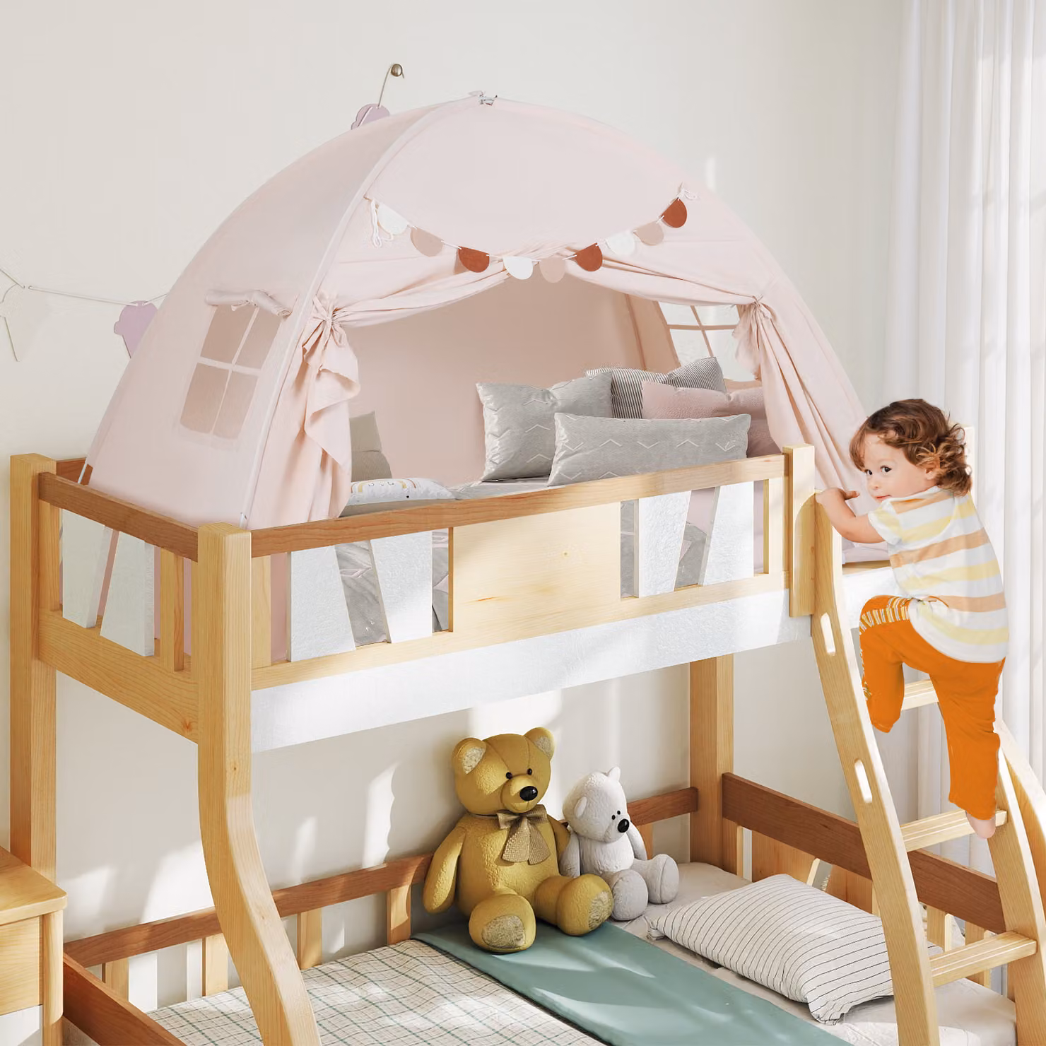 Tenda castello letto matrimoniale pieghevole Costway con 2 finestre a bandiera per il gioco e la privacy dei bambini, Beige