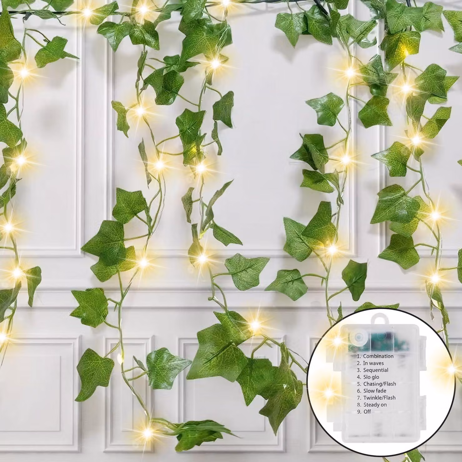 Catena luminosa a forma di edera, 5 metri, 50 LED, 8 modalità, impermeabile, per uso esterno