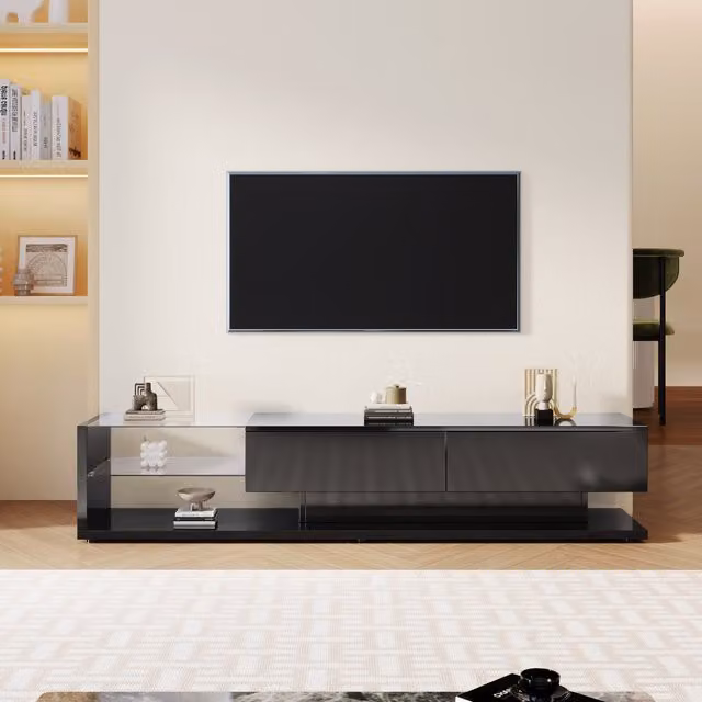 Mobile TV Moderno Aosom con Finitura Lucida Nera, 2 Cassetti, 2 Ripiani in Vetro e Illuminazione LED Integrata, L 170 cm x P 36 cm x H 38 cm – 1