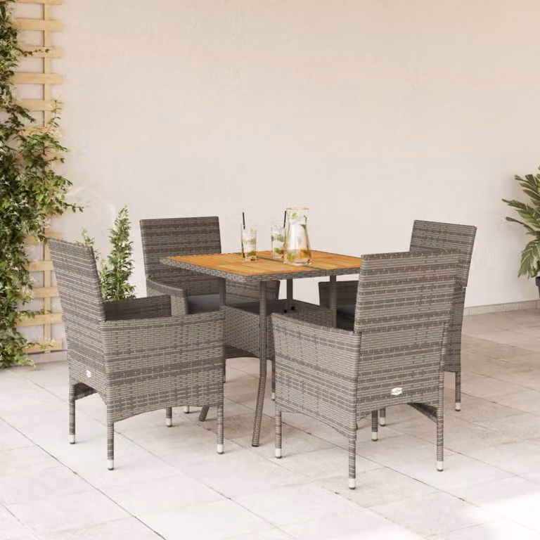 Set Pranzo da Giardino vidaXL in Polyrattan e Legno di Acacia con Cuscini Grigio