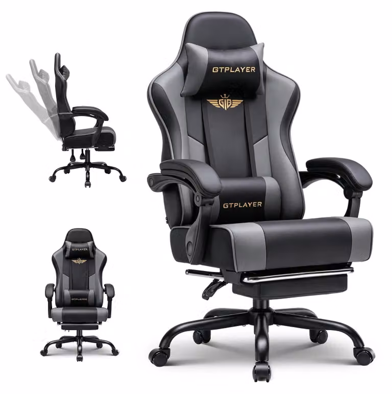 Sedia da gaming - Sedia da ufficio GT806 - Ergonomica, regolabile in altezza, con poggiapiedi, poggiatesta e supporto lombare, rivestita in ecopelle - Grigia