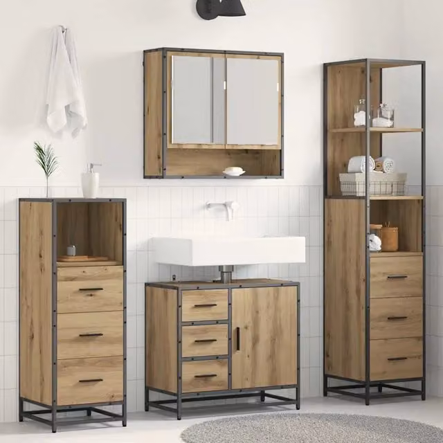 Set di mobili per bagno vidaXL 4 pezzi in legno e metallo color rovere marrone con armadietto specchio, mobile lavabo, mobile laterale e colonna alta, design minimalista a parete