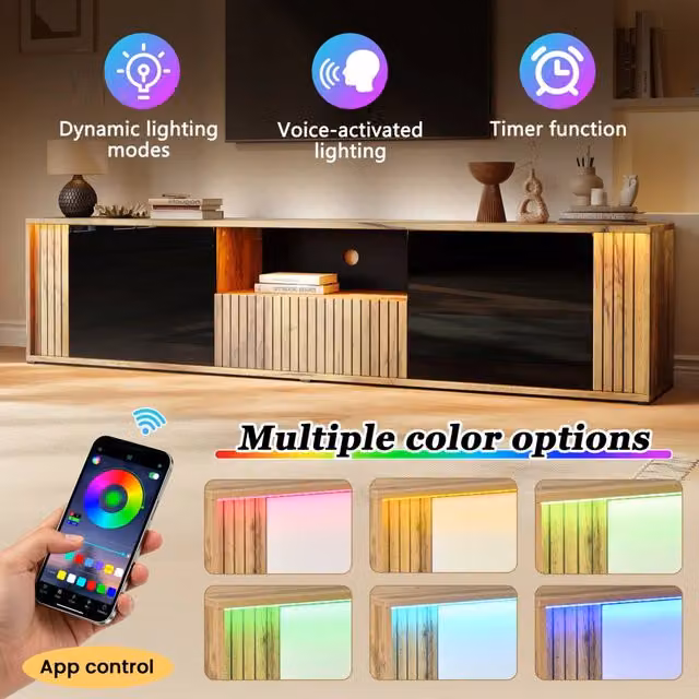Mobile TV Minimal con Luci LED integrate nero effetto legno L: 180 cm, P: 40 cm, H: 51 cm