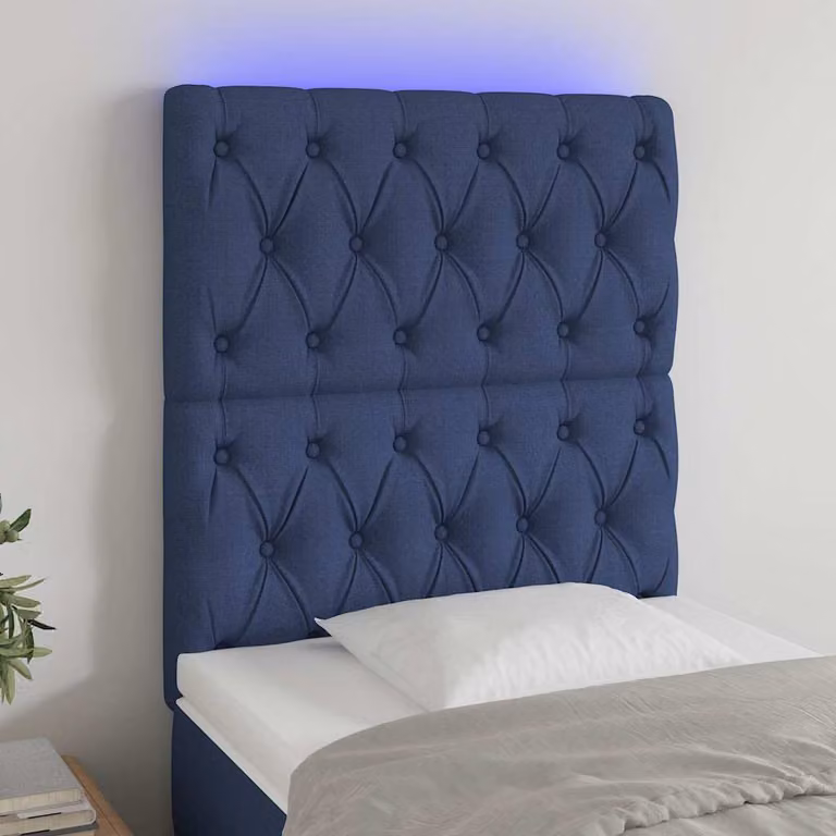 Testiera per letto vidaXL in tessuto blu con illuminazione LED integrata e porta di ricarica USB, L 80 cm, P 7 cm, H 118-128 cm