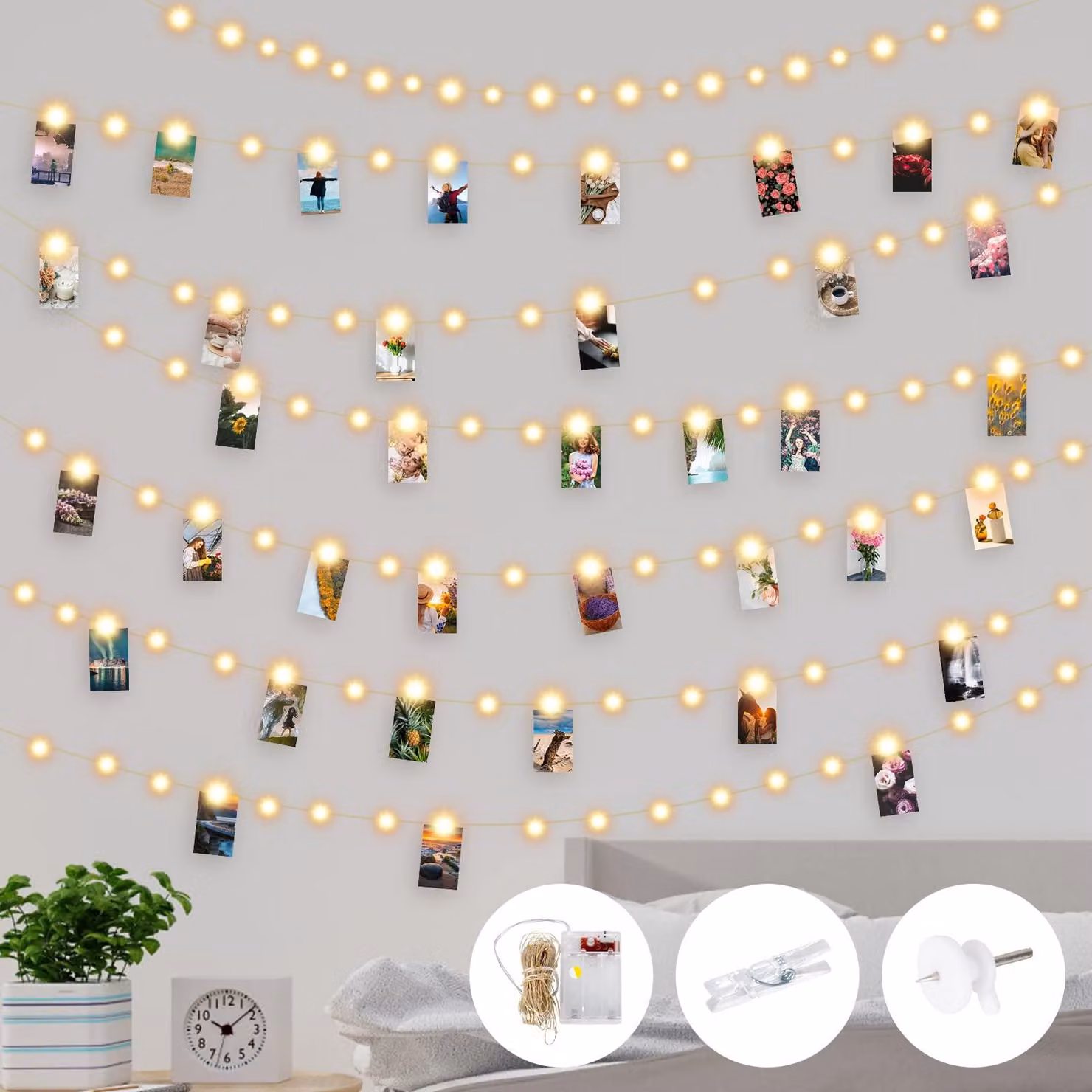 Catena luminosa a LED, 10 metri, 100 LED, 50 clip, 20 chiodini, alimentazione a batteria