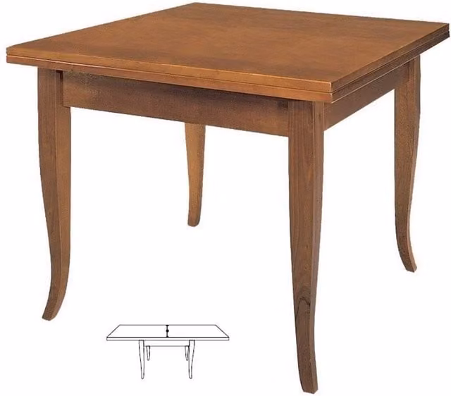 Tavolo da pranzo quadrato in legno noce marrone con gambe a sciabola, allungabile a libro, Mobili 2G, L/P: 90 x 90 cm