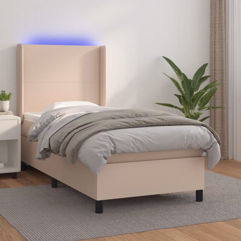 Letto con giroletto a molle e illuminazione LED vidaXL, colore cappuccino, L/P/H: 90 x 200 x 203 cm