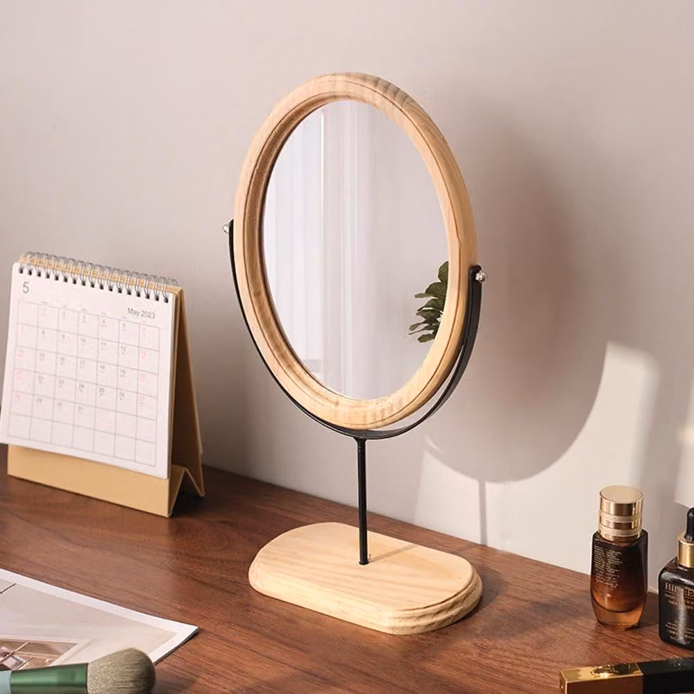 Specchio ovale in legno, nero e giallo, dimensioni 20x12x34 cm