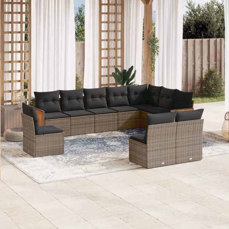 vidaXL Set Divano da Giardino 10 pz in Polyrattan Grigio con Cuscini Imbottiti e Rivestimenti Rimovibili