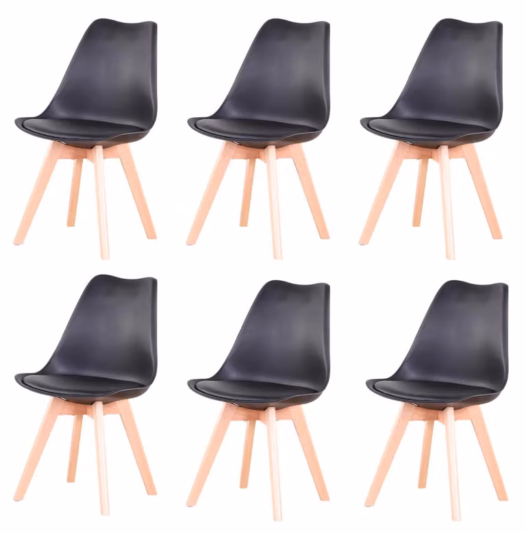 Set di 6 sedie da pranzo in stile scandinavo - Sedia da pranzo - Rivestita in ecopelle di poliuretano - Gambe in legno di faggio - Senza braccioli - Dimensioni: 82x55x48 cm - Colore: nero