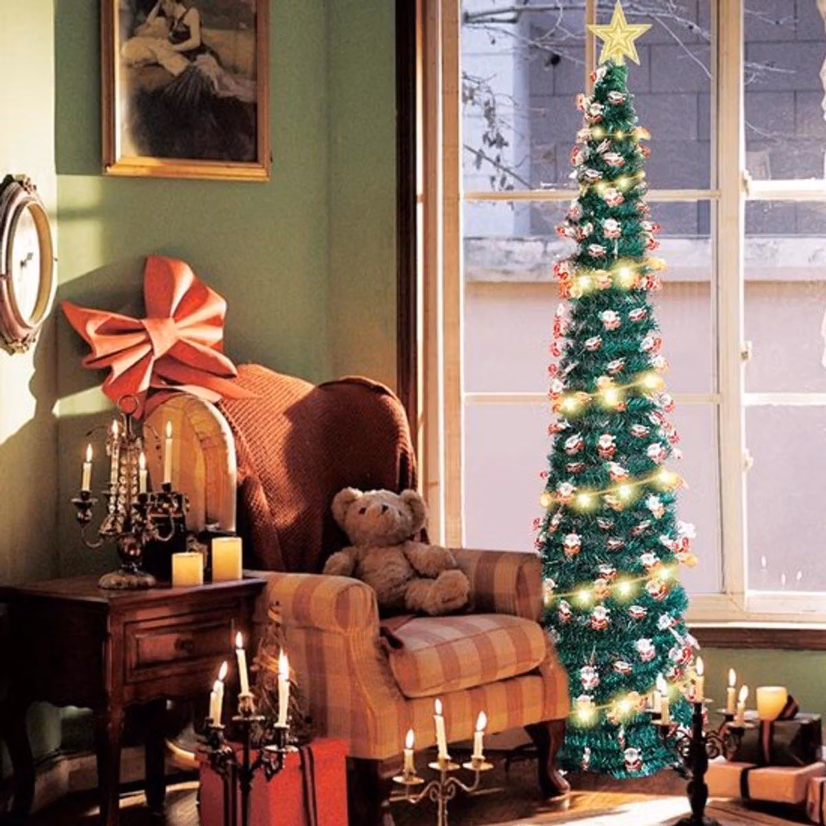 Albero di Natale artificiale pieghevole, altezza 150 cm, con catena luminosa