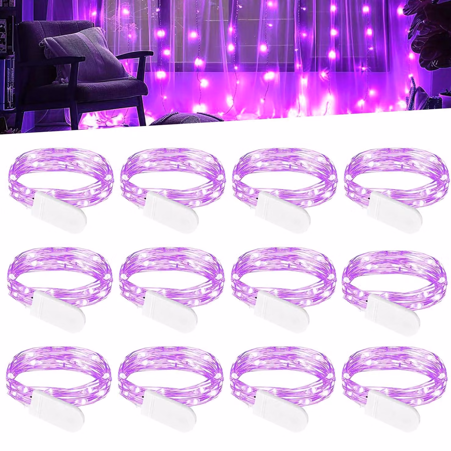 Catena luminosa a LED, set da 12, lunghezza 2 metri, 20 LED, color lilla, alimentazione a batteria
