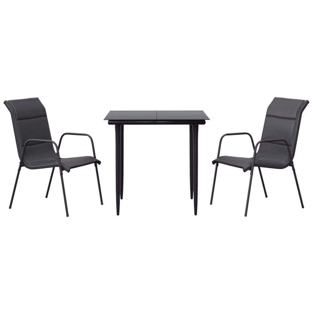Set da Pranzo da Giardino 3 pz Nero in Acciaio e Textilene