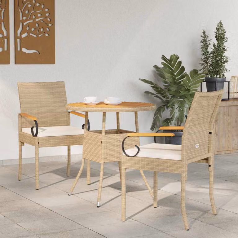 Set di 2 sedie da giardino vidaXL in polyrattan e legno di acacia con cuscini beige e bianco crema