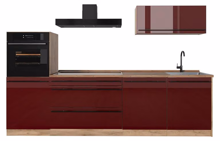 Cucina componibile Vicco R-Line Rosso lucido/Rovere dorato 280 cm senza piano di lavoro, Model 66488