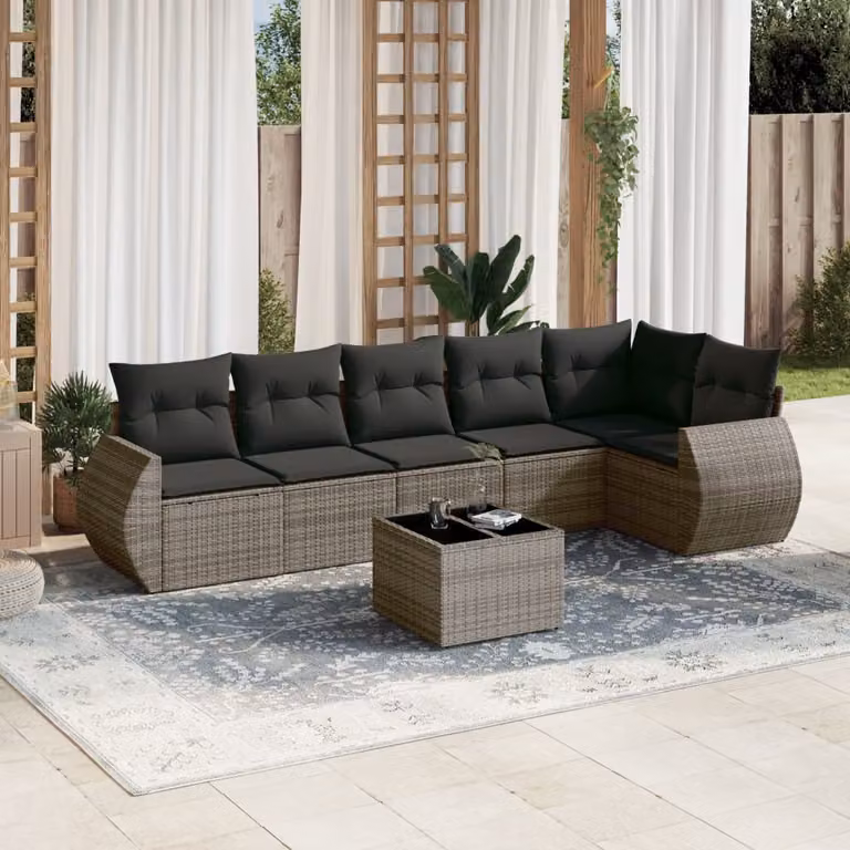 Set di Divani da Giardino vidaXL 7 Pezzi con Cuscini Grigio in Polyrattan e Tavolino da Caffè
