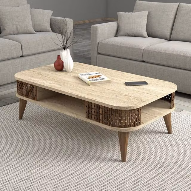 Tavolino da salotto moderno Medicina con un vano, finitura marmo beige e marrone, L: 105 cm, P: 60 cm, H: 35 cm – 1