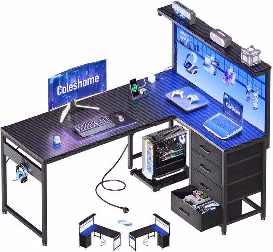 Ibenzoa® Scrivania da gioco reversibile, nera (effetto fibra di carbonio), con illuminazione LED a 10 colori, 2 prese di corrente AC e 2 porte USB, supporto per CPU, 4 cassetti rivestiti in tessuto