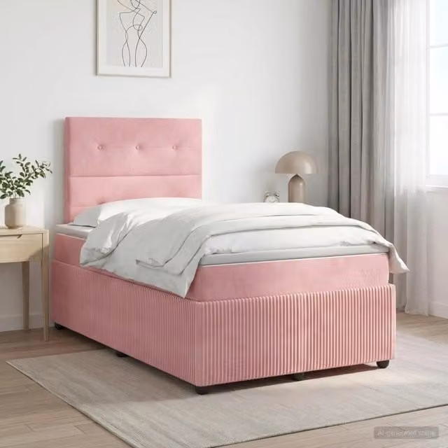 Letto box spring con materasso ibrido vidaXL in velluto rosa e bianco L/P: 120 x 200 cm