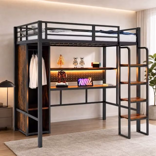 Letto a soppalco in metallo 90 x 200 cm con scrivania; armadio; LED e scaffale; nero