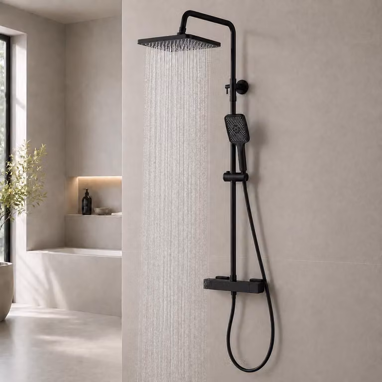 Doccia con termostato, 30x20 cm, nera, con altezza regolabile