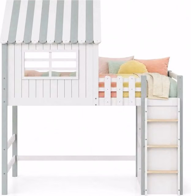 Letto a soppalco per bambini 90x200 cm a casetta con scala e rete; verde