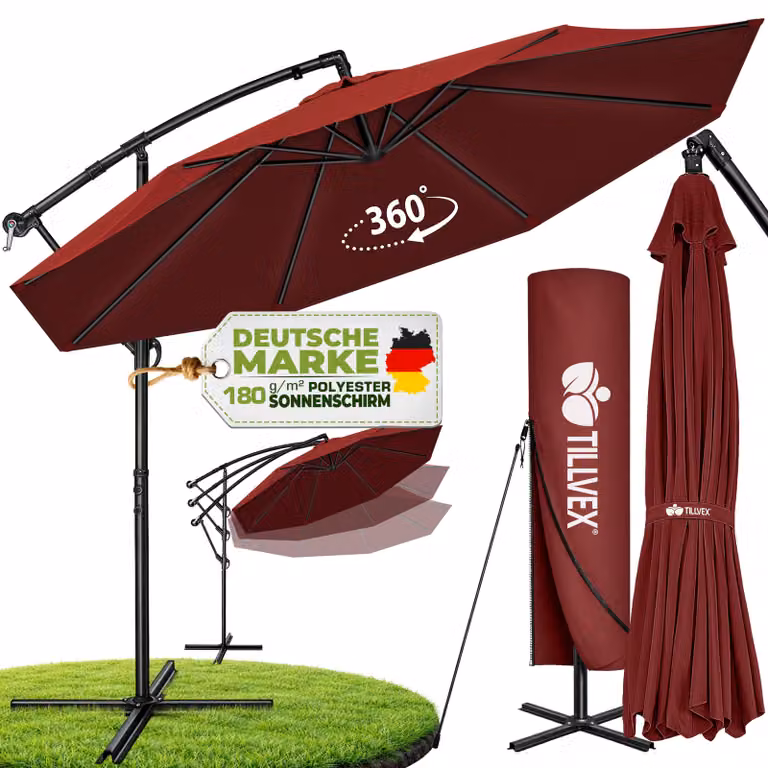tillvex ombrellone rosso Ø 350 cm ombrellone pensile da giardino ombrellone da mercato ombrellone a manovella balcone alluminio inclinabile