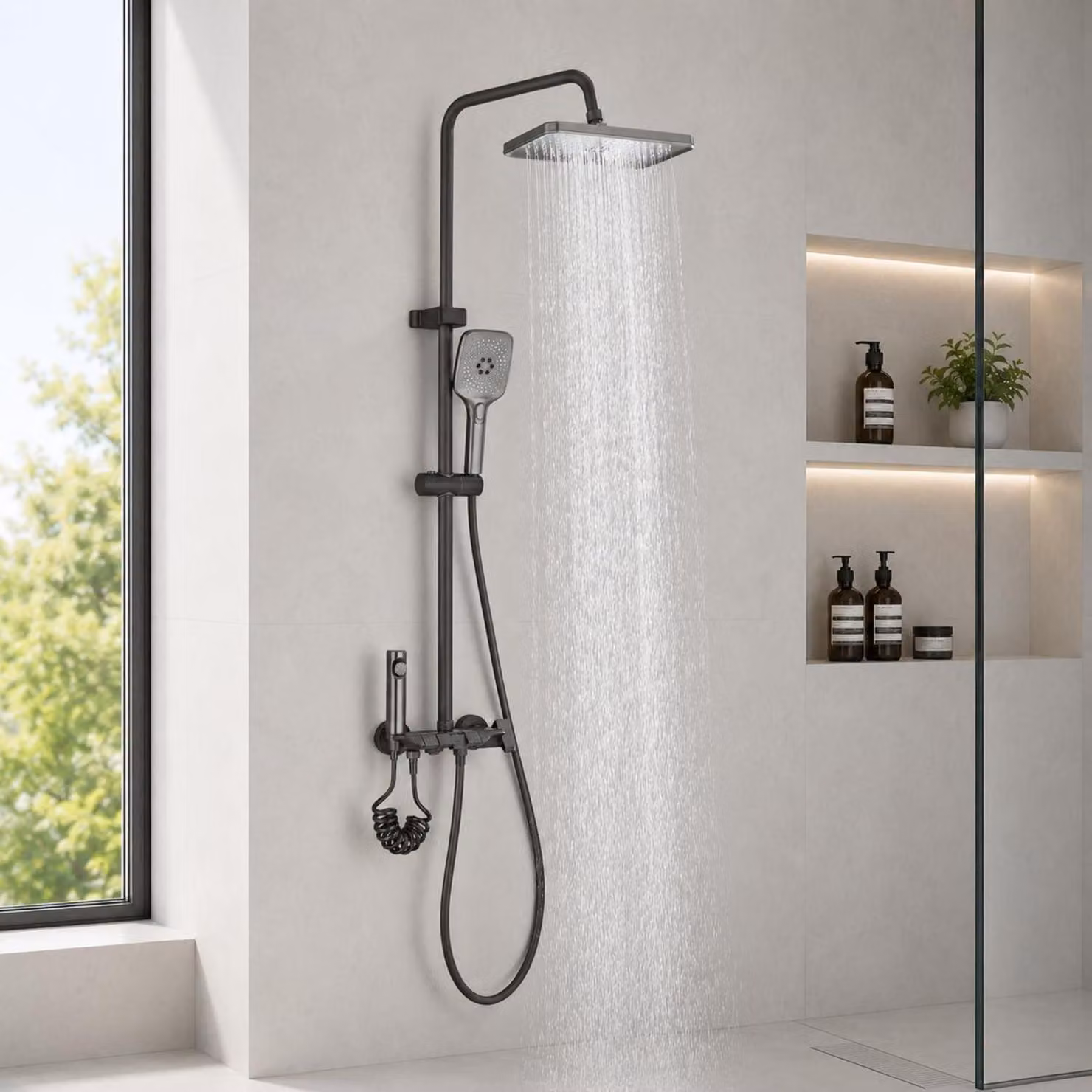 Kit completo per rubinetto doccia, doccia a pioggia quadrata, regolabile in altezza, colore grigio