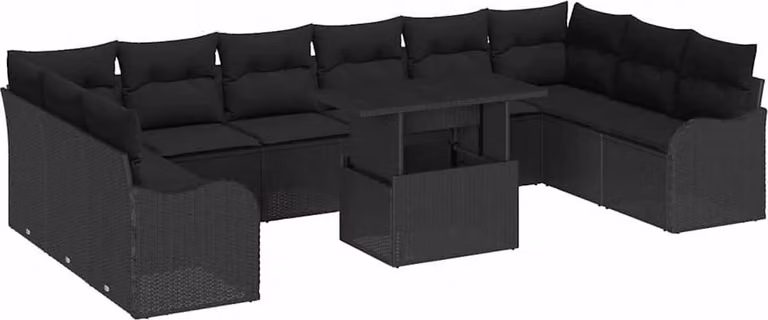 Set Divano da Giardino con cuscino 11 pcs Nero Poly Rattan