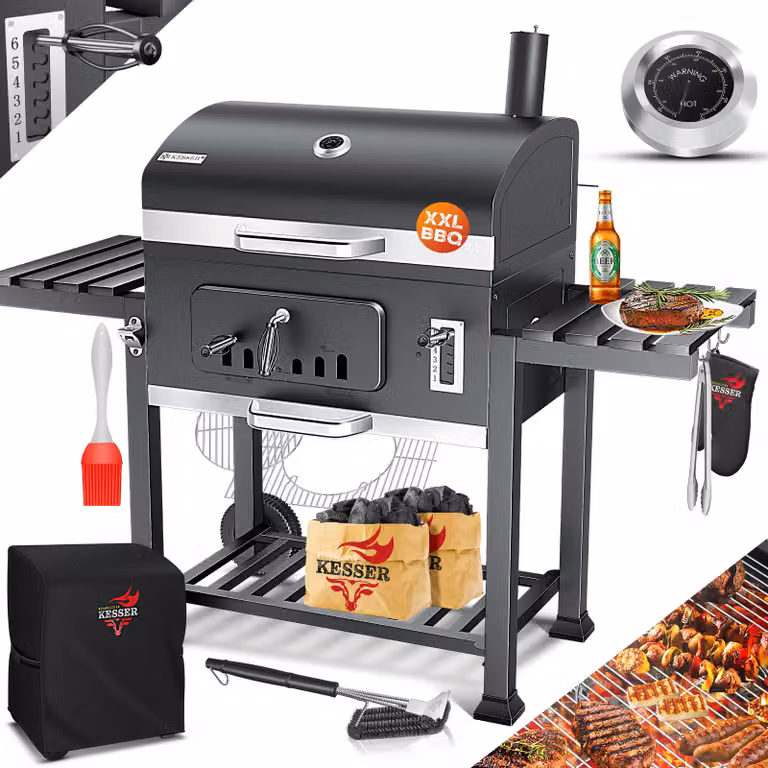 KESSER® Carrello per barbecue XXL, barbecue a carbone con coperchio, ruote, maniglia in acciaio inossidabile, griglia e termometro