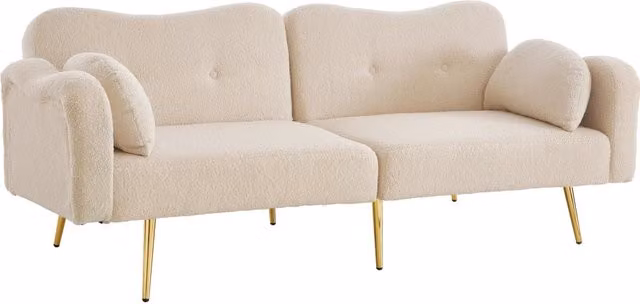 Divano letto a due posti con schienale regolabile e piedi in metallo dorato, apertura a letto 155x85,5 cm, rivestimento in tessuto misto lana